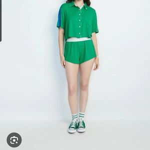 Green Button-Up Shirt and Shorts Set
